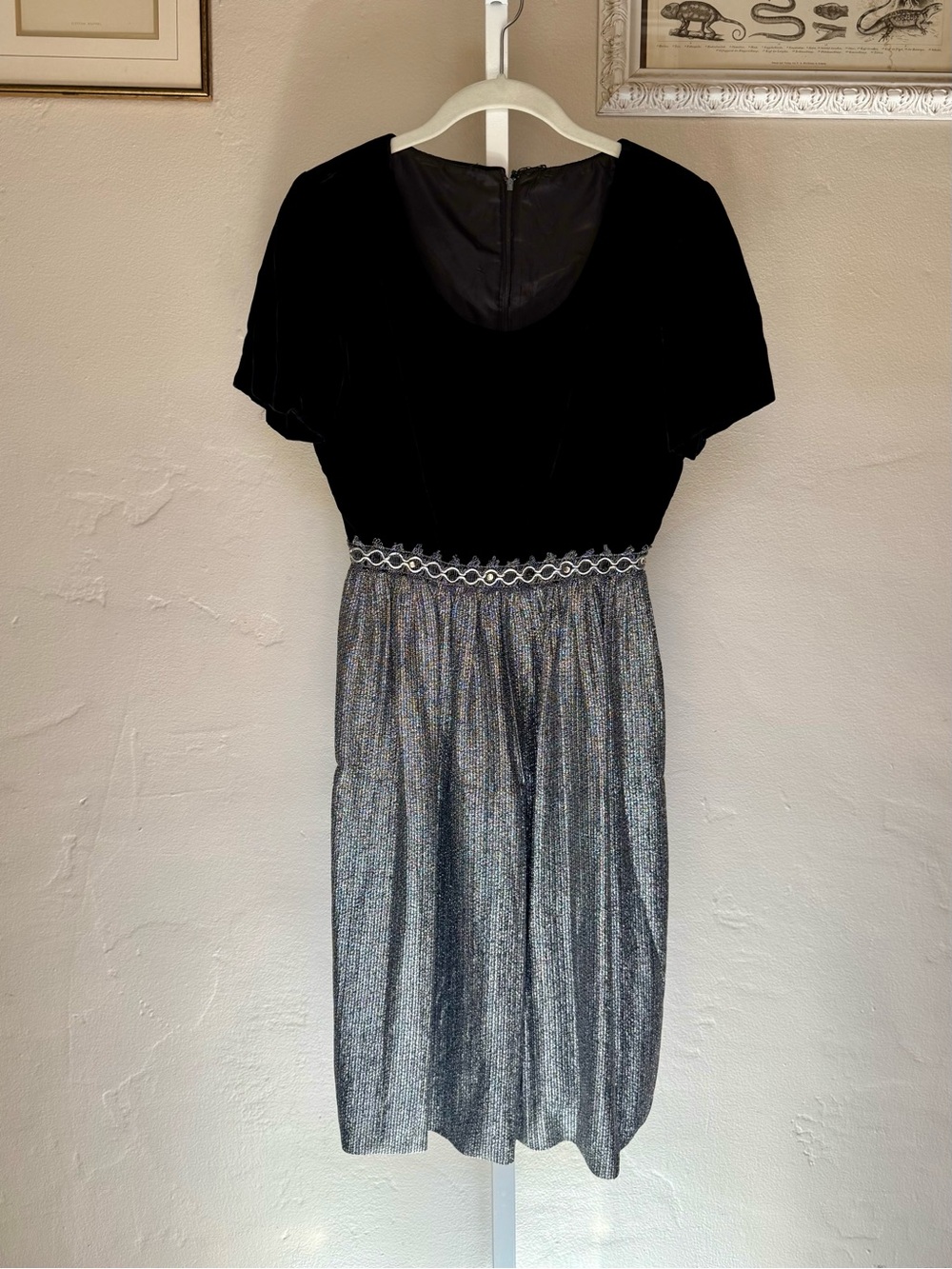 Vintage Black Velvet and Metallic Silver Holiday Midi Dress